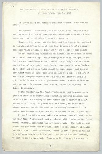 "The Hon. Homer S. Brown Before the General Assembly of Pennsylvania," on Freedom and 'I am An American Day,'