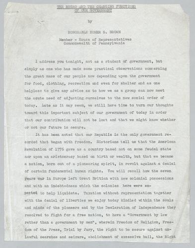 "The Negro and the Changing Functions of Our Government," (incomplete)