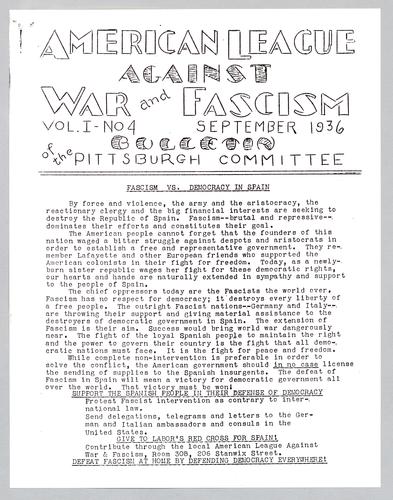 "Lynch Talk In Pennsylvania Court," American League Against War and Fascism, Pittsburgh Committee, Bulletin