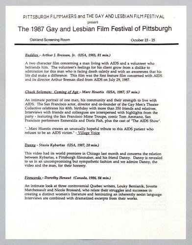 The 1987 Gay and Lesbian Film Festival of Pittsburgh, Oakland Screening Room