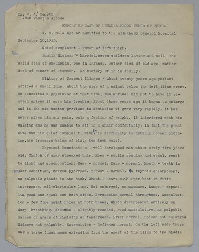 Dr. W. A. Dearth, "Report of Case of Unusual Blood Tumor of Thigh"
