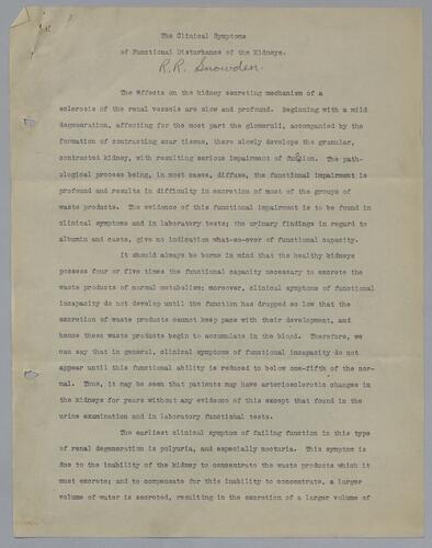 Dr. R. R. Snowden, "The Clinical Symptoms of Functional Disturbance of the Kidneys"