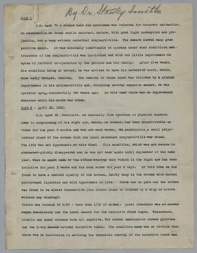 Dr. Stanley Smith, Case studies of cataracts