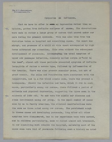 Dr. J. L. Johnston, "Symposium on Influenza"