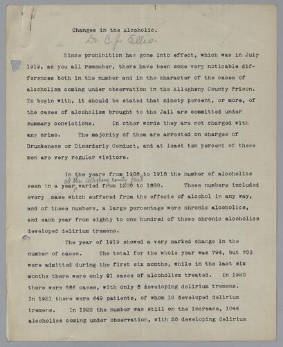 Dr. C. J. Ellis, "Changes in the Alcoholic"