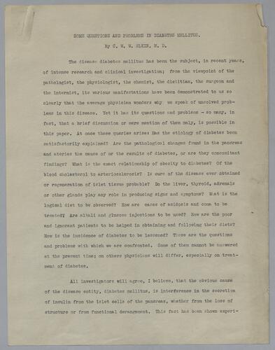 Dr. C. W. W. Elkin, "Some Questoins and Problems in Diabetes Mellitus"