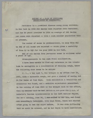 "Report of a Case of Pertussus Accompanied by Meningitis"