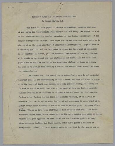 Dr. C. Howard Marcy, "Specific Cures for Pulmonary Tuberculosis"