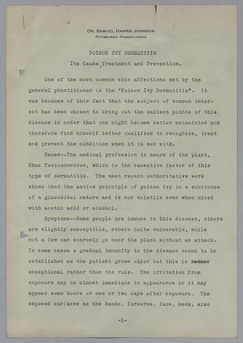 Dr. Samuel Harris Johnson, "Poison Ivy Dermatitis"
