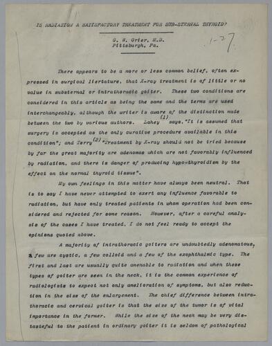 Dr. G. H. Grier, "Is Radiation a Satisfactory Treatment for Sub-Sternal Thyroid?"
