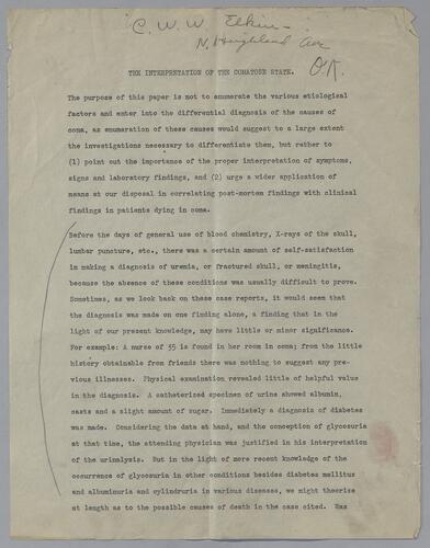 Dr. C. W. W. Elkins, "The Interpretation of the Comatose State"