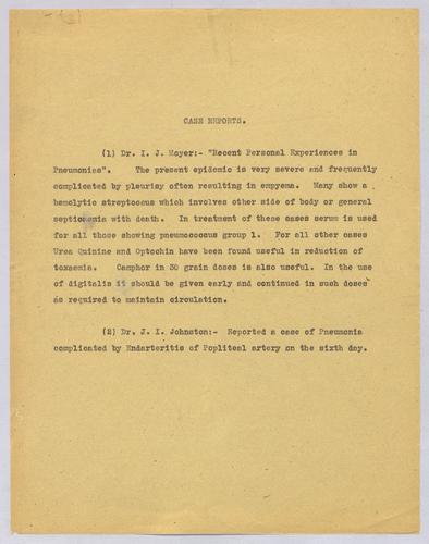 Dr. I. J. Moyer and Dr. J. I. Johnston, Case reports on pneumonia.