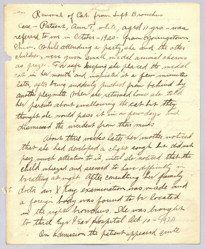Dr. J. H. McCready, "Removal of Cat from Left Bronchus"
