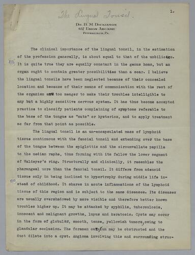 Dr. B. M. Dickinson, "The Lingual Tonsil"