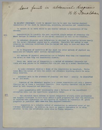 Dr. H. H. Donaldson, "Some Points in Abdominal Diagnosis"