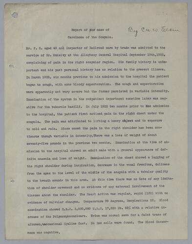 Dr. C. W. W. Elkin, "Report ofthe case of Carcinoma of the Scapula"