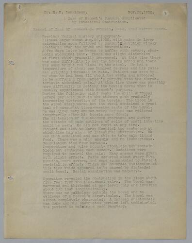 Dr. H. H. Donaldson, "A Case of Henoch's Purpura Complicated by Intestinal Obstruction"