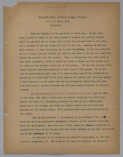 Dr. G. H. Curry, "Complete Double Luxation of the Eye-Balls"