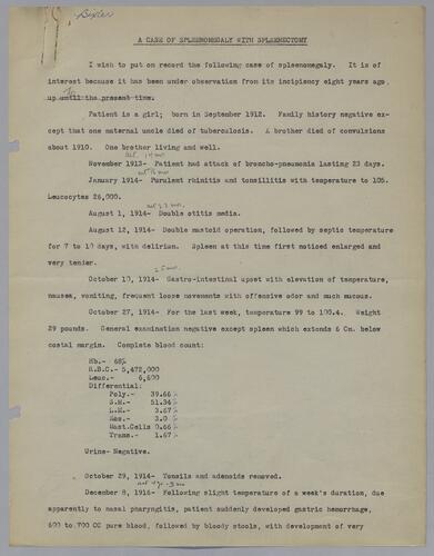 Dr. Bixler, "A Case of Spleenomegaly with Spleenectomy" (two copies)