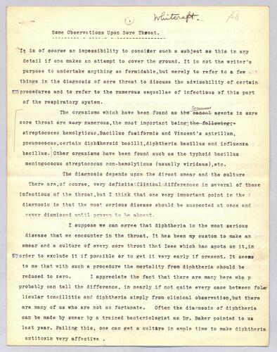 Dr. Whitcraft, "Some Observations Upon Sore Throat"