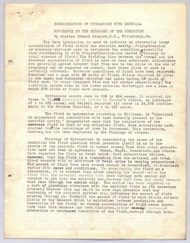 Dr. Charles Edward Ziegler, "Consideration of Hydramnios with Especial Reference to the Etiology of the Condition"