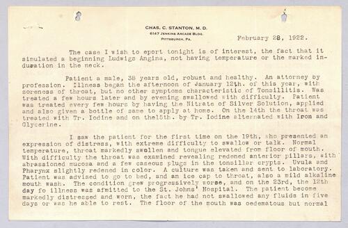 Dr. Chas. C. Stanton, Report on a case of throat swelling