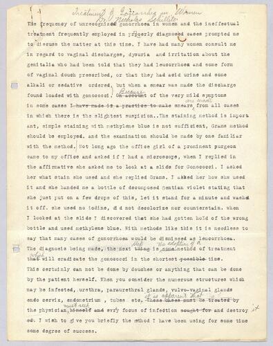 Dr. Nicholas Schillito, "Treatment of Gonnorhea in Women"