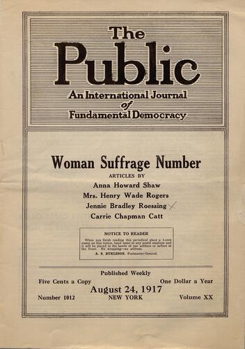 The Public (periodical) containing "Federal Suffrage in a Dynamic State" by Jennie Bradley Roessing