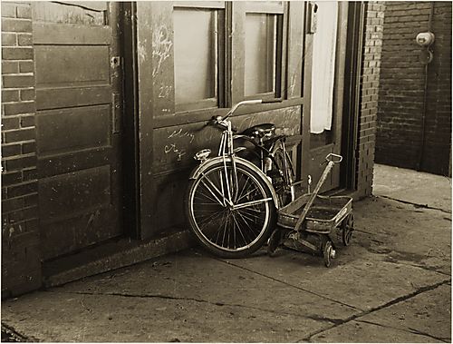 (Neighborhoods: Child's Bicycle and Wagon on Sidewalk)