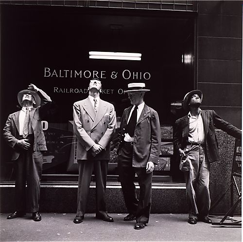 (Downtown Street Scene: Men Watching Mellon Building Construction)