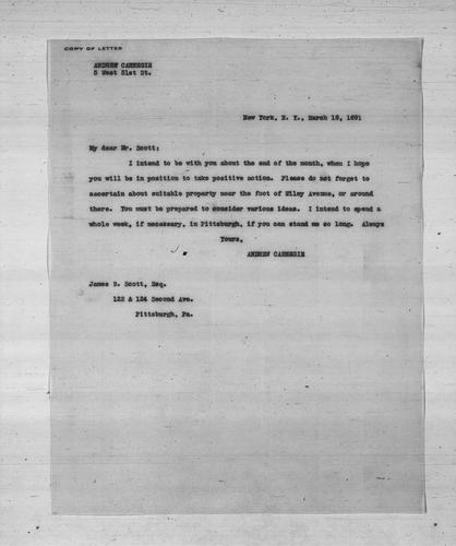 Andrew Carnegie to James B. Scott, Esq., March 18, 1891 (copy of letter)