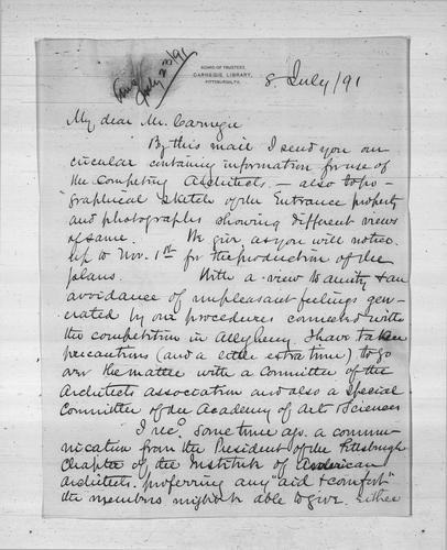 James B. Scott, Esq. to Andrew Carnegie, July 8, 1891 [includes photographs and blueprint]