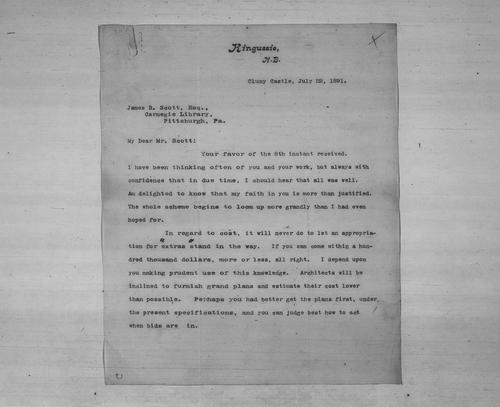 Andrew Carnegie to James B. Scott, Esq., July 22, 1891