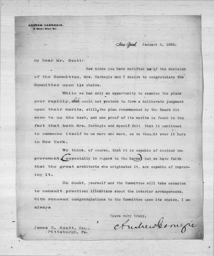 Andrew Carnegie to James B. Scott Esq., January 5, 1892