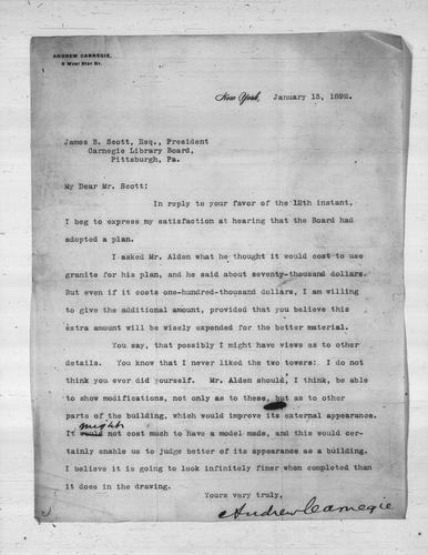 Andrew Carnegie to James B. Scott, Esq., January 13, 1892
