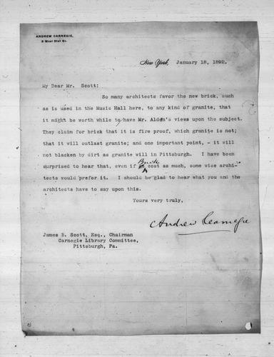 Andrew Carnegie to James B. Scott, Esq., January 18, 1892