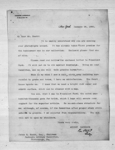 Andrew Carnegie to James B. Scott, Esq., January 29, 1892 (signed by P.W. Finnegan, secretary)