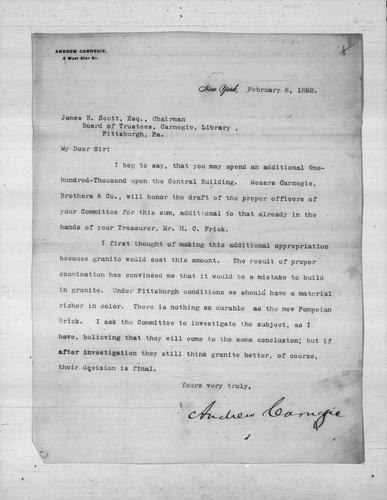 Andrew Carnegie to James B. Scott, Esq., February 8, 1892