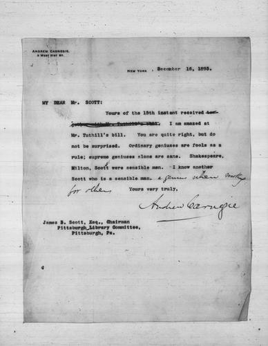 Andrew Carnegie to James B. Scott, Esq., December 16, 1893