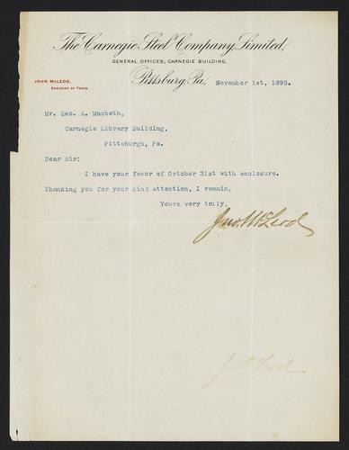 Letter to Mr. Geo. A. Macbeth from John McLeod, November 1, 1895