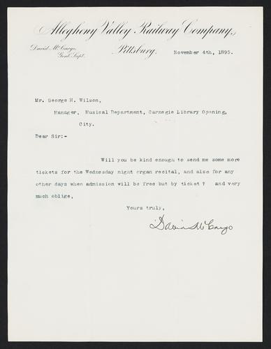 Letter to Mr. George H. Wilson from David McCargo, November 4, 1895