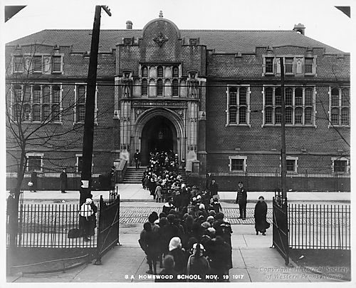Homewood Schools students entering the Homewood branch of the Carnegie Library