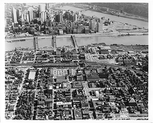 Aerial view of the North Side and Downtown Pittsburgh