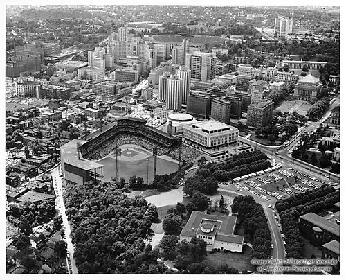 Aerial view of Forbes Field and Oakland