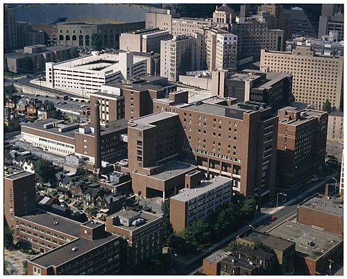 Aerial view of Montefiore Hospital and nearby buildings