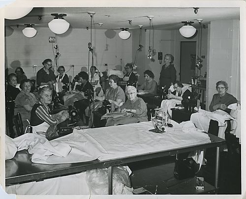 Ladies' Hospital Aid Society Sewing Group in the sewing room