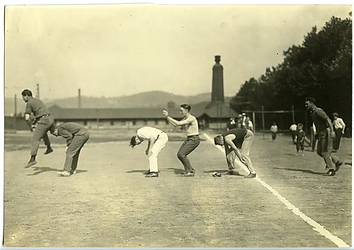 Men playing leapfrog in Washington Park