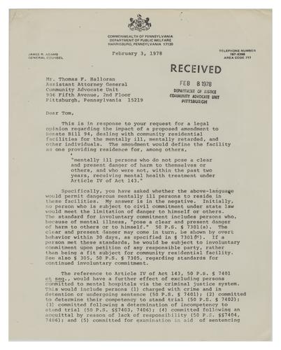Letter from Robert Hoffman to Thomas Halloran on legal concerns related to Senate Bill 94