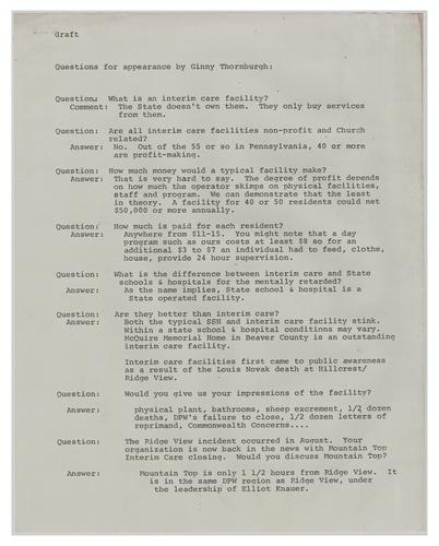 Questions for Ginny Thornburgh Interview