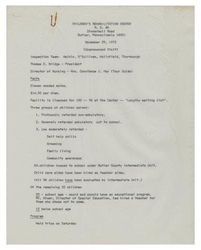 Children's Rehabilitation Center Unannounced Visit Notes